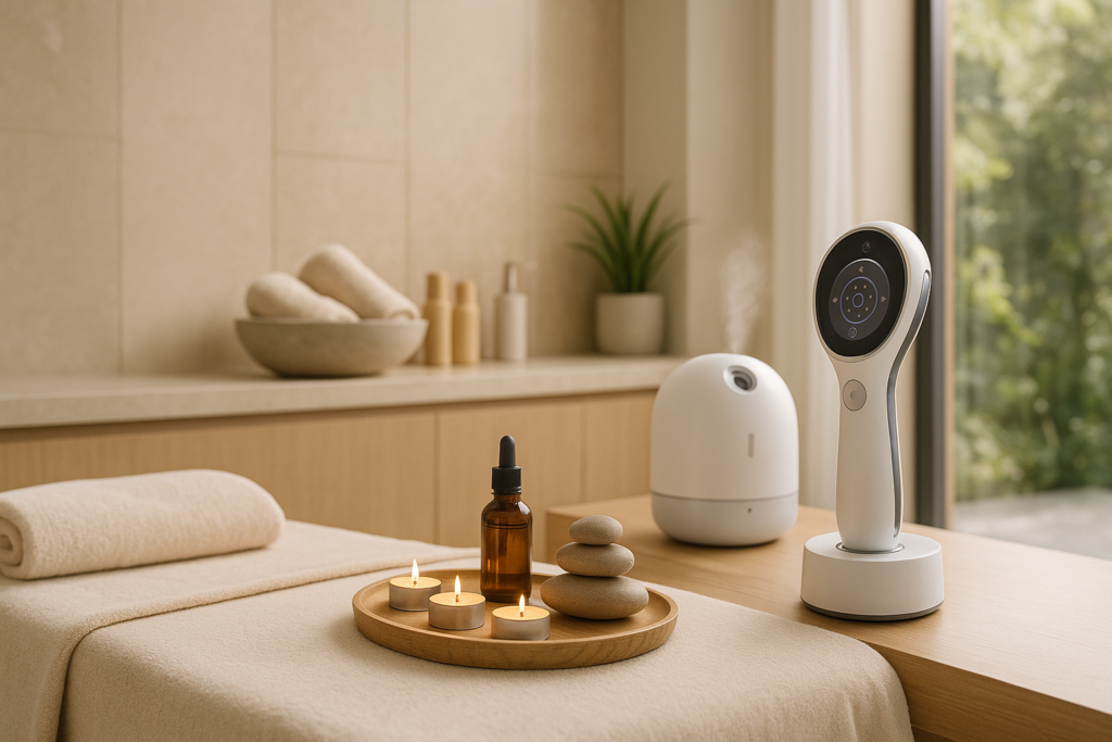 Modern ve huzurlu spa alanı, minimalist dekorasyona sahip ahşap ve beyaz tonlarda rahatlama köşesi ve aromaterapi ürünleri